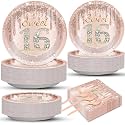 CHUNNIN 200 PCS Rose Gold Sweet 16 Party Plates Napkins Pink Rose Gold Tableware Set for Girls Sweet 16th Party Decoration Dessert Plates Forks Serve 50 Guests for Girls 16th Birthday Supplies