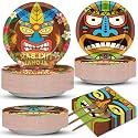 CHUNNIN 200 PCS Summer Tiki Party Plates Napkins Hawaiian Aloha Tableware Set Tropical Luau Themed Decoration Dessert Plates Forks Serve 50 Guests for Beach Picnic Pool Birthday Party Favor Supplies