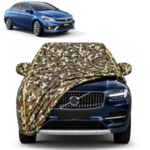 ciaz 100 waterproof car cover  dustproof sun protection cover  soft cotton lining  triple stitched  mirror pocket  antenna pocket  all weather body cover army