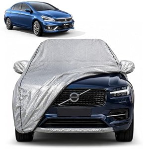 ciaz 100 waterproof car cover  dustproof sun protection cover  soft cotton lining  triple stitched  mirror pocket  antenna pocket  all weather body cover silver with yellow piping