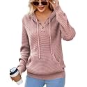 CiCiBird Women's Fall Hoodies Sweater V Neck Waffle Knit Top with Pocket