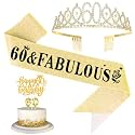 CIEHER 4Pcs Gold 60 Tiara and Sash, Number 60 Candles Birthday Cake Topper