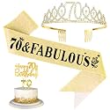 CIEHER 4Pcs Gold 70th Crown & Sash 70 Candles & 70th Birthday Cake Topper