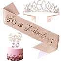 CIEHER 4Pcs Rose Gold 50th Birthday Gift: Crown, Sash, Candles, Cake Topper