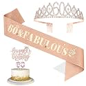 CIEHER 4Pcs Rose Gold 60th Birthday Crown & Sash 60 Candles 60 Cake Topper