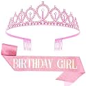 CIEHER Pink Birthday Girl Crown &amp; Sash Set | Princess Tiara and Glitter Sash for Girls, Women, Perfect Birthday Party Accessories