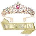 CIEHER Princess Crown &amp; Sash Set, Rhinestone Tiara &amp; Glitter Fabric Sash, Birthday Decorations for Girls, 3 Piece Set, Women Hairband Accessory