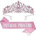CIEHER Princess Crown and Birthday Sash Set, Pink Tiara for Women, Birthday Decorations for Girls, Gifts