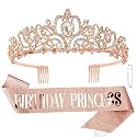 CIEHER Princess Crown and Birthday Sash Set - Tiara for Women, Girls Birthday Decorations and Gifts - Rose Gold