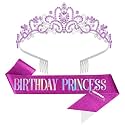 CIEHER Puprle Birthday Crown and Sash with Pearl Pin Set, Mermaid Birthday Princess Sashes for Women Purple Bday Decorations