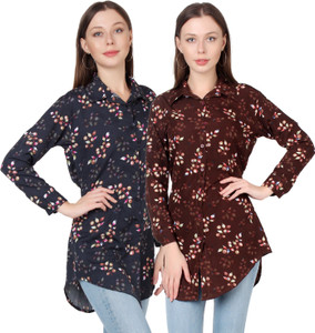 cinderella the creations factory women regular fit floral print ribbed collar casual shirt pack of 2