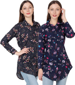 cinderella the creations factory women regular fit floral print ribbed collar casual shirt pack of 2