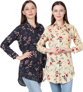 cinderella the creations factory women regular fit floral print ribbed collar casual shirt pack of 2