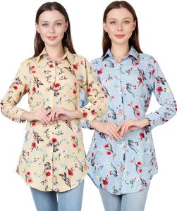 cinderella the creations factory women regular fit floral print ribbed collar casual shirt pack of 2