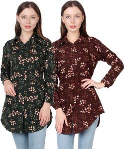 cinderella the creations factory women regular fit floral print ribbed collar casual shirt pack of 2