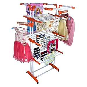 cipla plast strong amp heavy two pole 3 layer mild steel and co-polymer foldable and movable king jumbo cloth dryer stand floor and balcony with six caster wheel brc-750 orange
