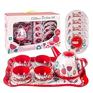 cirboxkids tea set toy  tin tea party set with tray  pretend play tea serving set  teapot cups plates amp tray  role play toy for girls age 3