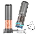 CIRCLE JOY Rechargeable Electric Salt and Pepper Grinder Set with Base, Aluminum Alloy Pepper Mills with 95ml Container, White LED Light and External Adjustable Coarseness, Space Grey