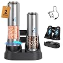 CIRCLE JOY Rechargeable Salt and Pepper Grinder Set Stainless Steel Electric Pepper Grinders with Variable Grinding Speed, External Adjustable Coarseness, Charging Base and White LED Light, Silver