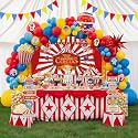 Circus Theme birthday party decorations &amp; include red blue yellow balloon garland &amp; foil hot air popcorn balloons &amp; banner carnival road sign paper card background decor