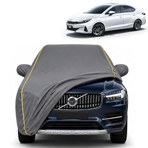 city 100 waterproof car cover  dustproof sun protection cover  soft cotton lining  triple stitched  mirror pocket  antenna pocket  all weather body cover grey with yellow piping