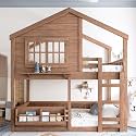 House Bunk Bed with Bookshelf - Full Loft Bed with Safety Rails, Play Area &amp; Storage - Sturdy Wooden Cabin-Style Bed for Boys &amp; Girls