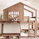 House Bunk Bed with Bookshelf - Twin Loft Bed with Safety Rails, Play Area &amp; Storage - Sturdy Wooden Cabin-Style Bed for Boys &amp; Girls
