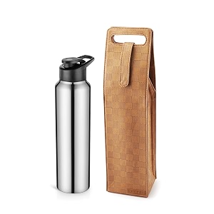 cladd international faux vegan leather double tone checks pattern winewater bottle holder classic design idea use at home kitchen office daily use picnics hiking hotcold container covercase bag tan amp beige