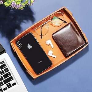 cladd international vegan leather office valet tray  organizer home entryway table store key wallet watch coin change phone jewellery  bedside nightstand storage desk top catchall makeup  tan