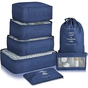 claiez 7 pcs travel organizer pouch packing cubes for clothes space savers bags cosmeticsunderwearsocksshoes toiletry bag laundry organiserblue