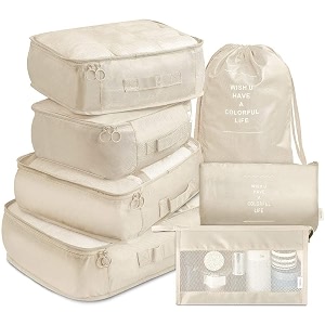 claiez 7 pcs travel organizer pouch packing cubes for clothes space savers bags cosmeticsunderwearsocksshoes toiletry bag laundry organisercream