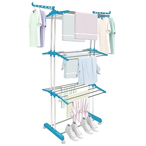 claiez - premium heavy duty stainless steel foldable cloth drying standclothes stand for dryingcloth standclothes dryerlaundry racks for drying for indooroutdoorbalcony 3 tier blue