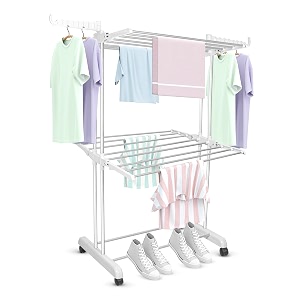 claiez - premium heavy duty stainless steel foldable cloth drying standclothes stand for dryingcloth standclothes dryerlaundry racks 2 tier white