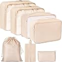 Claiez Travel Organizer Bag Storage Printed Clothes Space Savers Bags Cosmetics/Underwear/Socks/Shoes Organizer Makeup Bags Organizer Packing Cubes with Shoe Bag for travel (Cream)