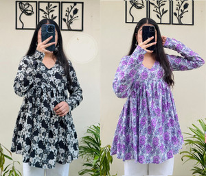 clanger pack of 2 floral print viscose rayon flared kurta for women black