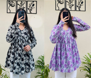 clanger pack of 2 floral print viscose rayon flared kurta for women black