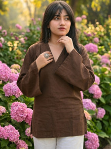 clanger solid pure cotton straight kurta for women brown