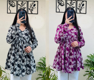 clanger pack of 2 floral print viscose rayon flared kurta for women black purple