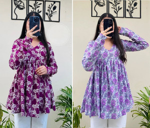 clanger pack of 2 floral print viscose rayon flared kurta for women multicolor