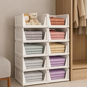 10 pieces stackable wardrobe organizer for storagefoldable cupboard organiser for clothesplastic stackable closet organizeradjustable sliding drawerfoldable shirt storage organizer white