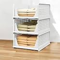 3 Pieces Stackable Wardrobe Organizer for Storage/Foldable Cupboard Organiser for Clothes/Plastic Stackable Closet Organizer/Adjustable Sliding Drawer/Foldable Shirt Storage Organizer (White)