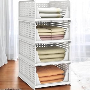 4 pieces stackable wardrobe organizer for storagefoldable cupboard organiser for clothesplastic stackable closet organizeradjustable sliding drawerfoldable shirt storage organizer white