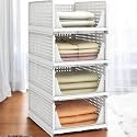 4 Pieces Stackable Wardrobe Organizer for Storage/Foldable Cupboard Organiser for Clothes/Plastic Stackable Closet Organizer/Adjustable Sliding Drawer/Foldable Shirt Storage Organizer (White)