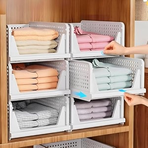 6 pieces stackable wardrobe organizer for storagefoldable cupboard organiser for clothesplastic stackable closet organizeradjustable sliding drawerfoldable shirt storage organizer white