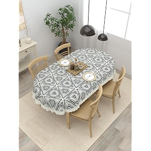 clasiko 4 seater oval dining table cover 54x78 inches or 137x198 cms material - pvc anti slip white print on grey 77034