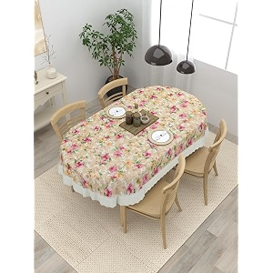 clasiko 4 seater oval dining table cover 54x78 inches or 137x198 cms material - pvc anti slip pink amp beige flowers 77030