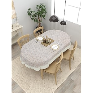 clasiko 4 seater oval dining table cover 54x78 inches or 137x198 cms material - pvc anti slip beige black geometric