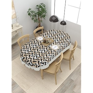 clasiko 4 seater oval dining table cover 54x78 inches or 137x198 cms material - pvc anti slip beige black zigzag