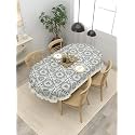 Clasiko 4 Seater Oval Dining Table Cover; 54x78 Inches or 137x198 Cms; Material - PVC; Anti Slip; White Print On Grey 77034