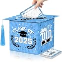Class of 2025 Graduation Card Box Light Blue Congrats Grad Cap Shaped Card Holder Boxes with Tassel and 48 PCS Advice Wishes Cards for 2025 High School College Centerpiece Ceremony Graduation Party